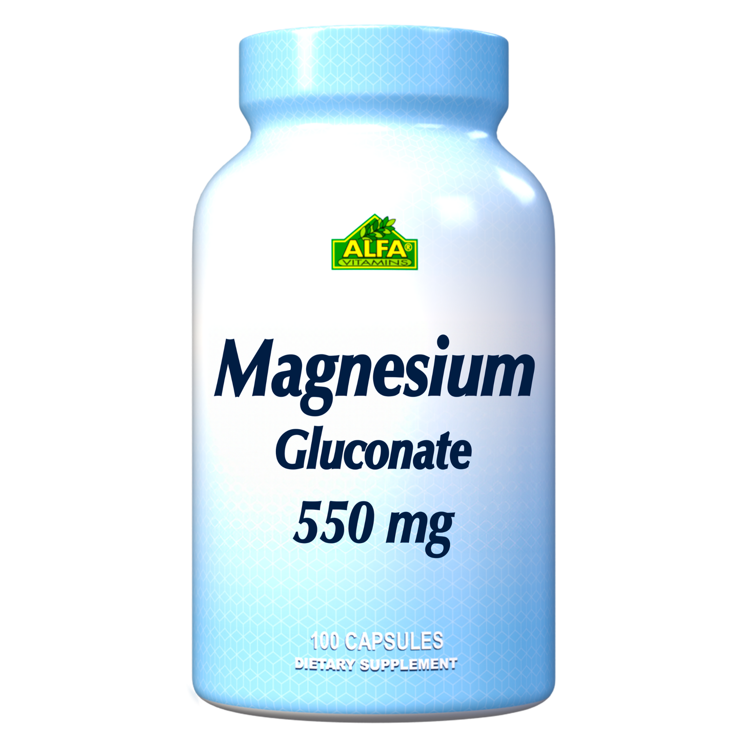 The blue and white Alfa Vitamins bottle, labeled Magnesium Gluconate 550mg - 100 tabs, is a dietary supplement designed to support muscle and nerve function.