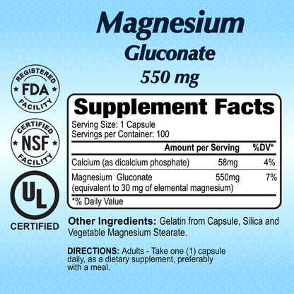 The blue label of Alfa Vitamins Magnesium Gluconate 550mg - 100 tabs prominently features 550 mg, includes supplement facts, ingredient details, FDA registration, NSF certification, and guides users to take one capsule daily for bone health and optimal muscle and nerve function.