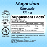 Magnesium Gluconate Supplement Facts label showing one-capsule serving, 100 servings, calcium, magnesium amounts, and directions.