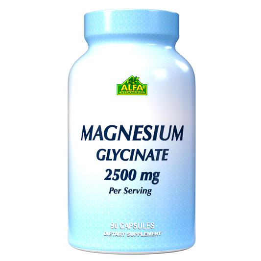 Alfa Vitamins Magnesium Glycinate 2500 mg promotes muscle and nerve function with superior bioavailability, available in a bottle containing 90 capsules.