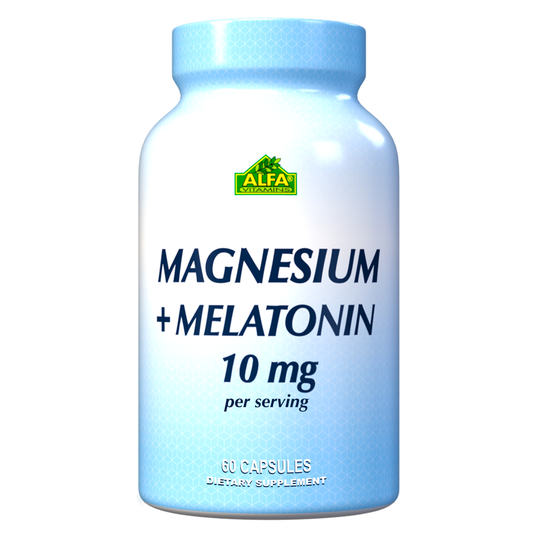 The product Magnesium Plus Melatonin 10 mg - 60 Capsules by Alfa Vitamins provides a blue and white bottle with a blend crafted to improve sleep quality, featuring essential minerals and ingredients for restful nights.