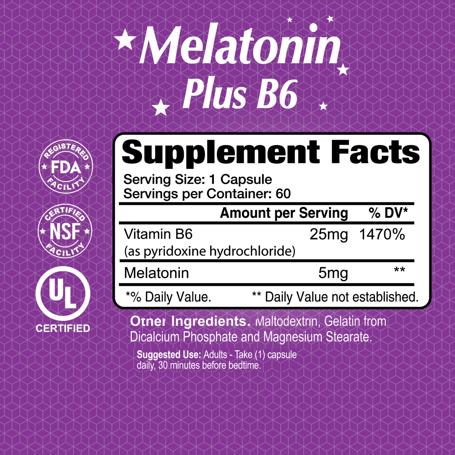 Label for Alfa Vitamins Melatonin Plus B-6 supplement: 60 capsules, each serving with 5mg melatonin and 25mg Vitamin B6 to enhance sleep quality. Includes FDA, NSF, UL certifications. Contains maltodextrin among other ingredients.