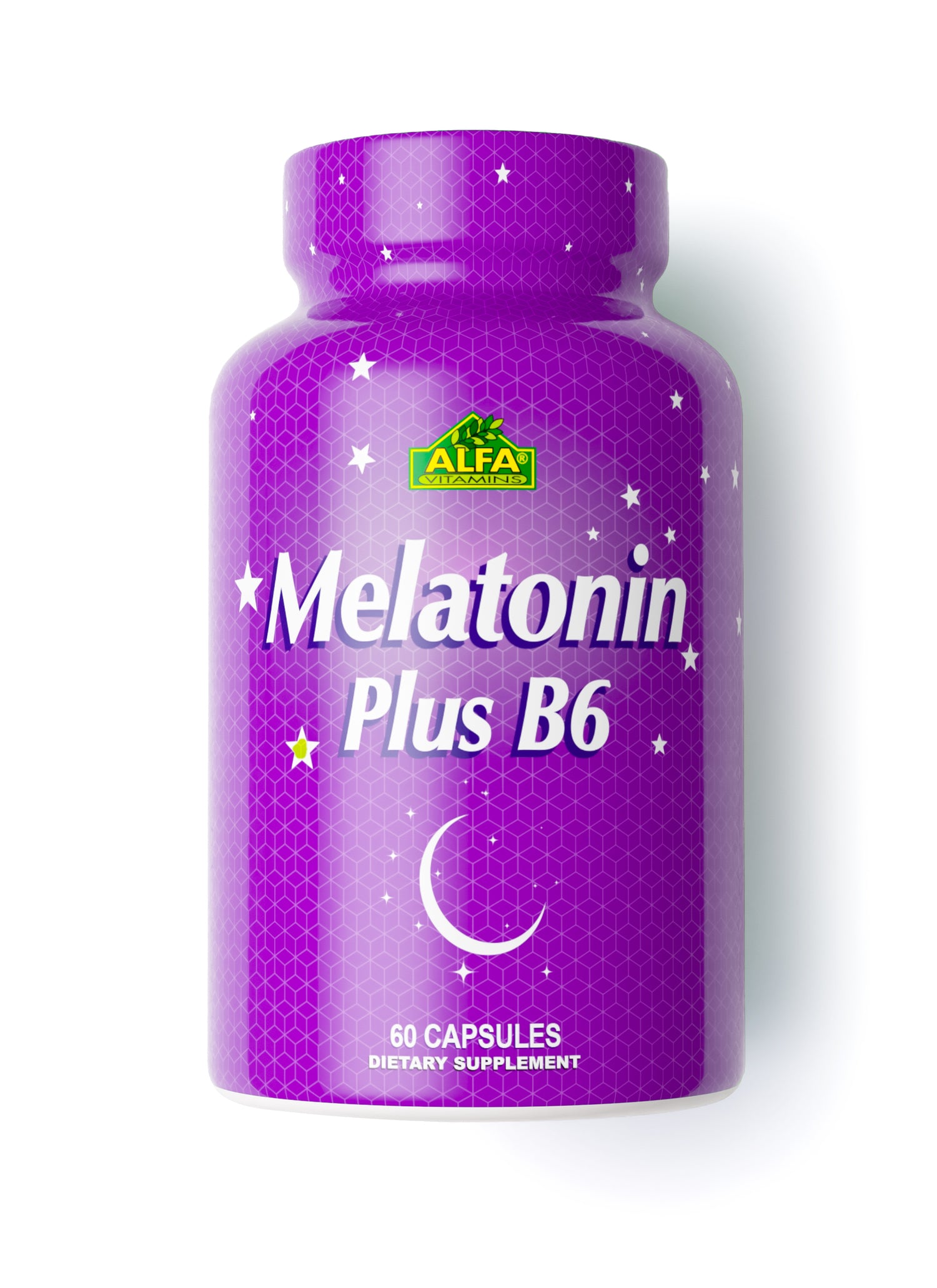 A purple bottle labeled Alfa Vitamins Melatonin Plus B-6, featuring a starry design and crescent moon, contains 60 capsules. This supplement blends Melatonin and Vitamin B-6 to aid sleep regulation.