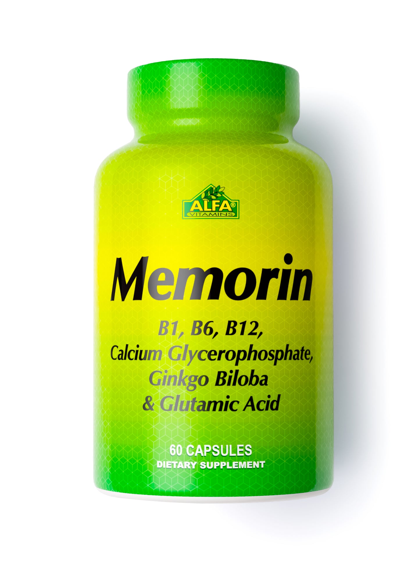 The green and yellow Memorin - Memory & Concentration bottle from Alfa Vitamins holds 60 capsules containing B1, B6, B12, Calcium Glycerophosphate, Ginkgo Biloba, and Glutamic Acid to enhance memory.