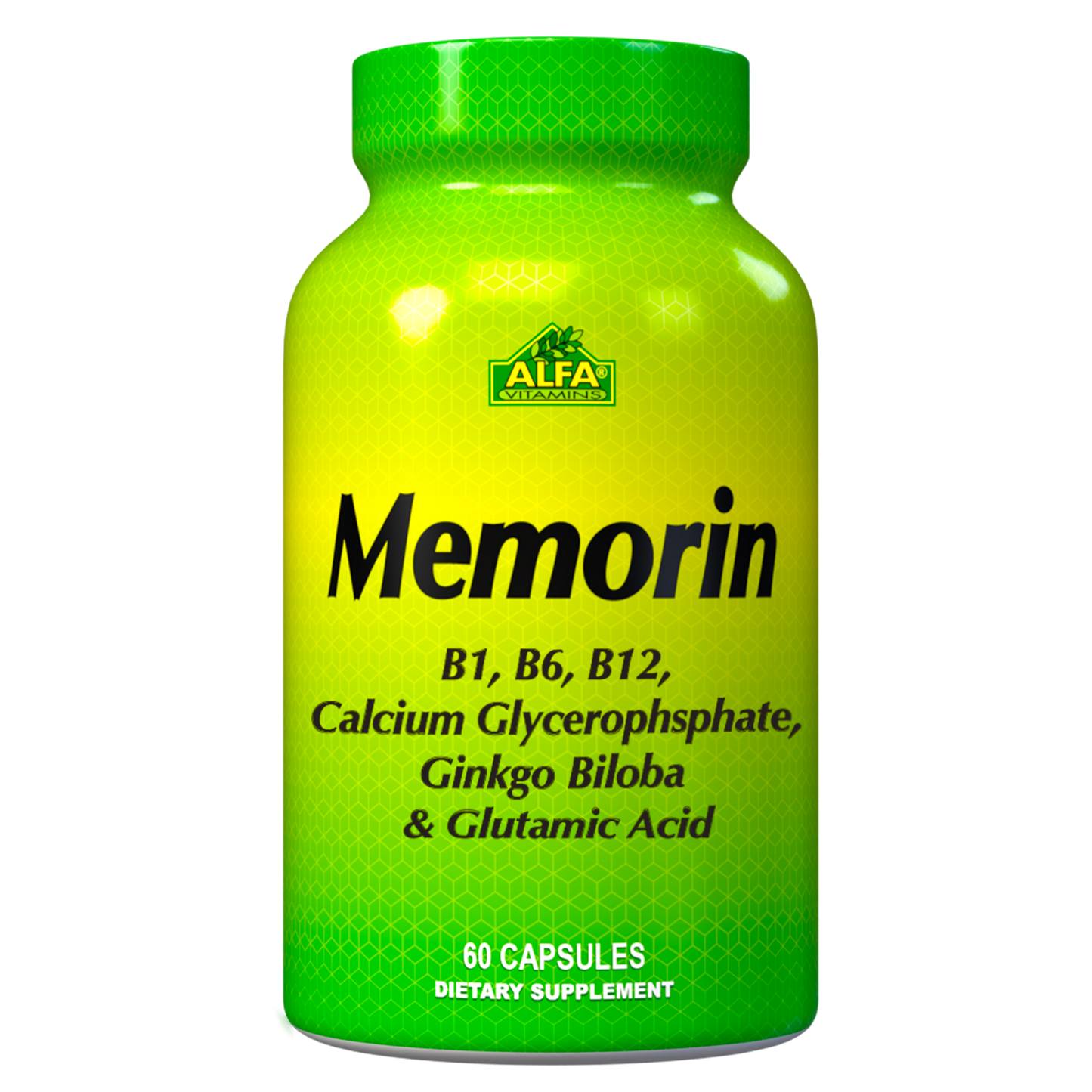 Alfa Vitamins Memorin, a green and yellow bottle labeled for memory enhancement, supports brain health with B1, B6, B12, Calcium Glycerophosphate, Ginkgo Biloba, and Glutamic Acid. This dietary supplement for cognitive function contains 60 capsules.