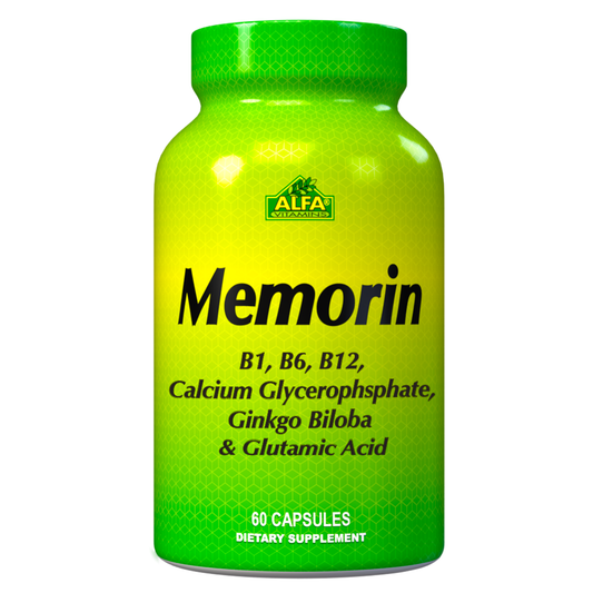 Alfa Vitamins Memorin, a green and yellow bottle labeled for memory enhancement, supports brain health with B1, B6, B12, Calcium Glycerophosphate, Ginkgo Biloba, and Glutamic Acid. This dietary supplement for cognitive function contains 60 capsules.