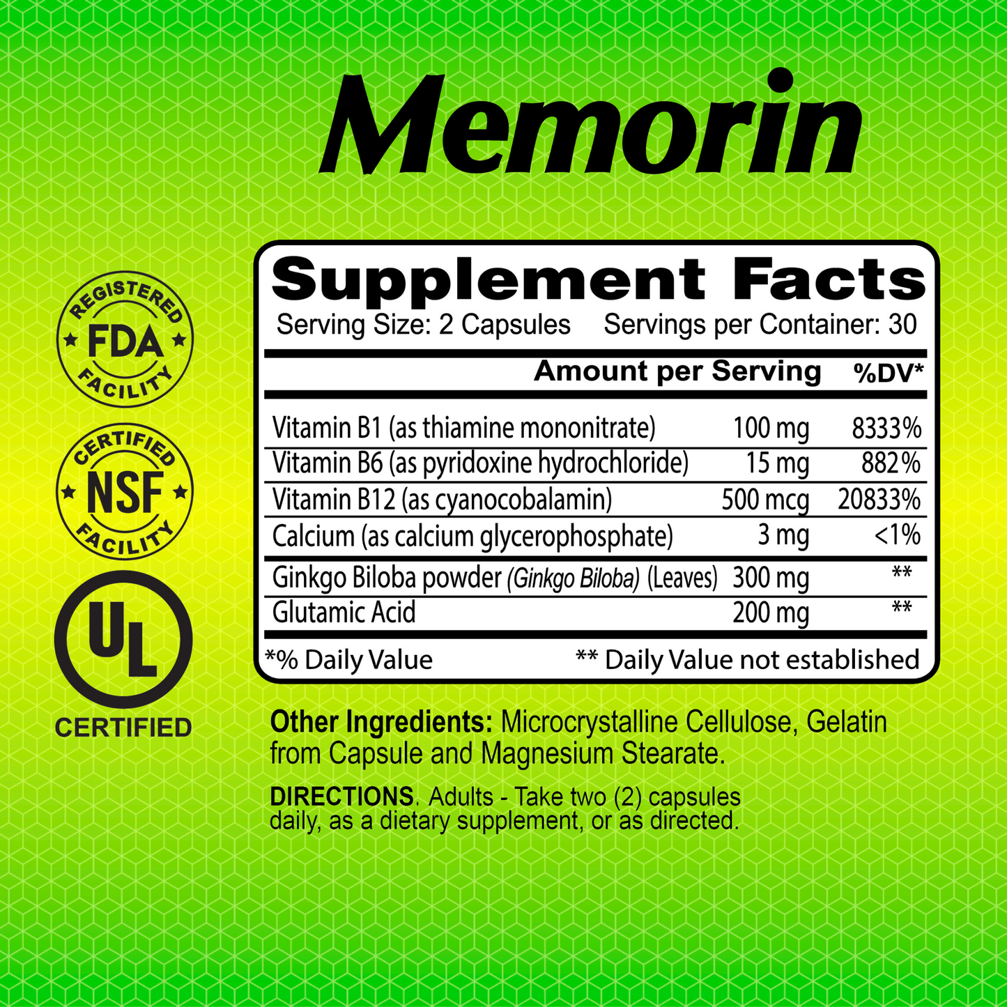 The image shows the supplement facts label for Alfa Vitamins Memorin - Memory & Concentration (60 capsules), emphasizing benefits for memory and brain health. It lists vitamins B1, B6, B12, calcium, Ginkgo Biloba, servings per container, DV percentages, FDA/UL certifications, and usage directions.