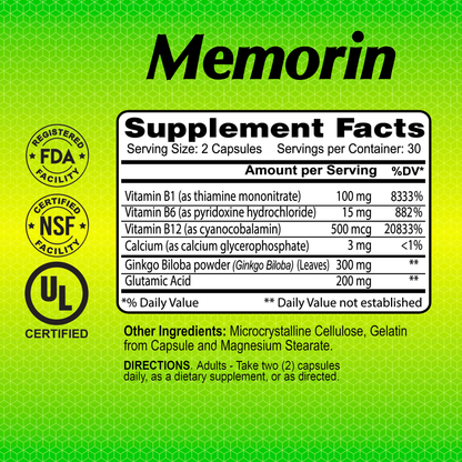 The image shows the supplement facts label for Alfa Vitamins Memorin - Memory & Concentration (60 capsules), emphasizing benefits for memory and brain health. It lists vitamins B1, B6, B12, calcium, Ginkgo Biloba, servings per container, DV percentages, FDA/UL certifications, and usage directions.