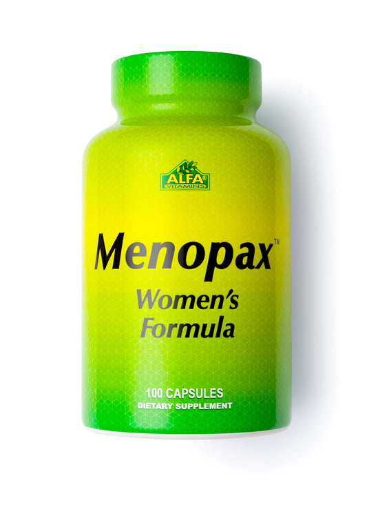 The Menopax Womens Formula by Alfa Vitamins, featuring 100 capsules, is a green-bottled dietary supplement supporting menopause with hormone balance and menstrual health.