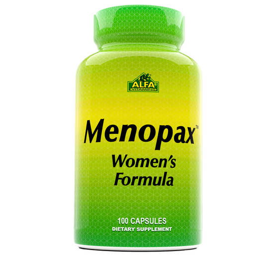 The Menopax Womens Formula by Alfa Vitamins, in green packaging, supports menopause and hormone balance. It includes 100 capsules and is a dietary supplement.