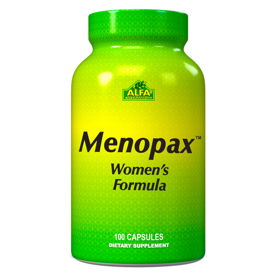 A bright green bottle of Menopax Womens Formula by Alfa Vitamins, containing 100 capsules for hormone balance and menopause support, prominently features the brands logo at the top.