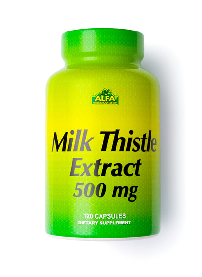 A green and yellow Alfa Vitamins bottle of Milk Thistle 500mg with a leaf logo, containing 120 capsules as a dietary supplement for liver health, featuring Silymarin. The label uses a gradient design.