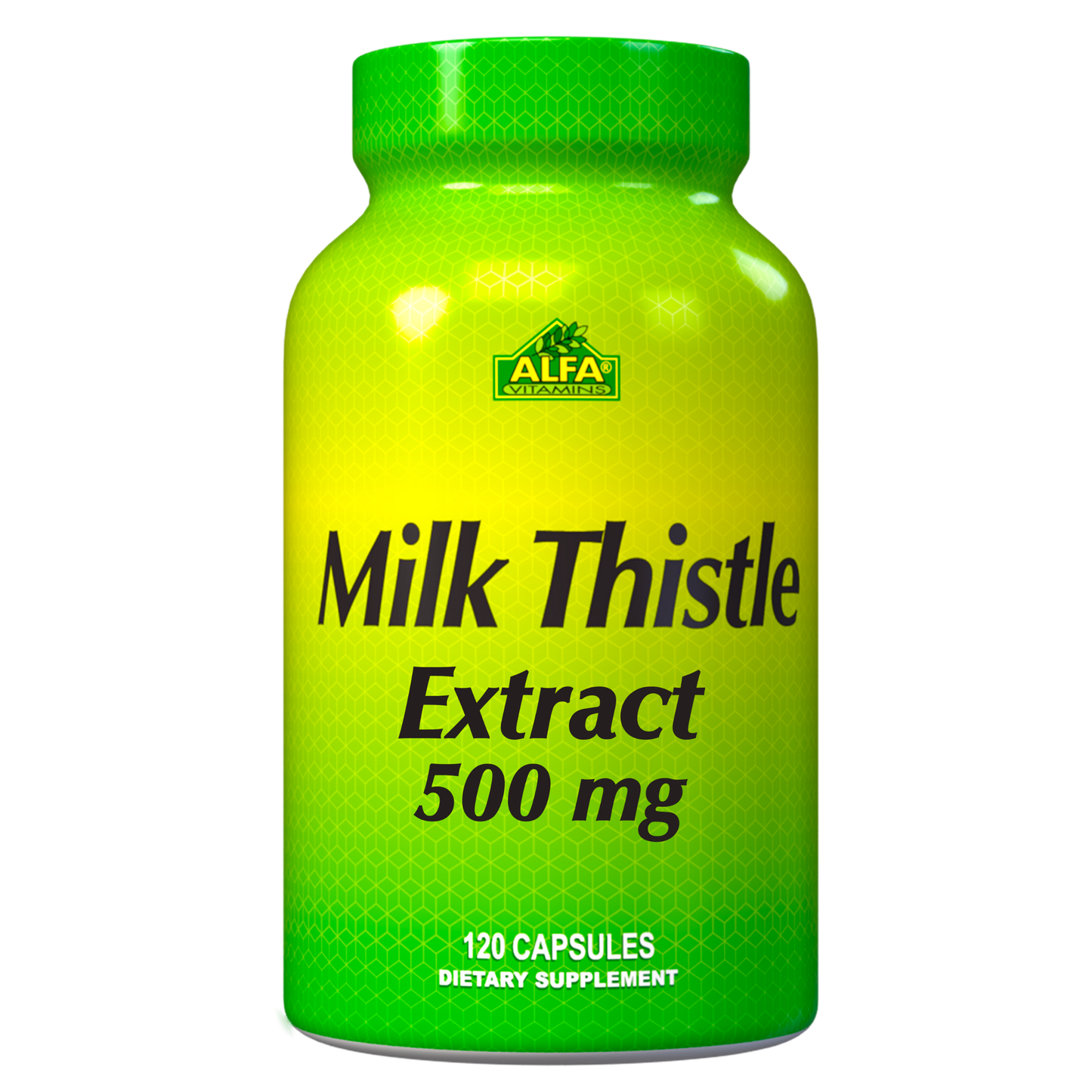 A green bottle of Alfa Vitamins Milk Thistle 500mg contains 120 capsules and includes Silymarin for liver health.