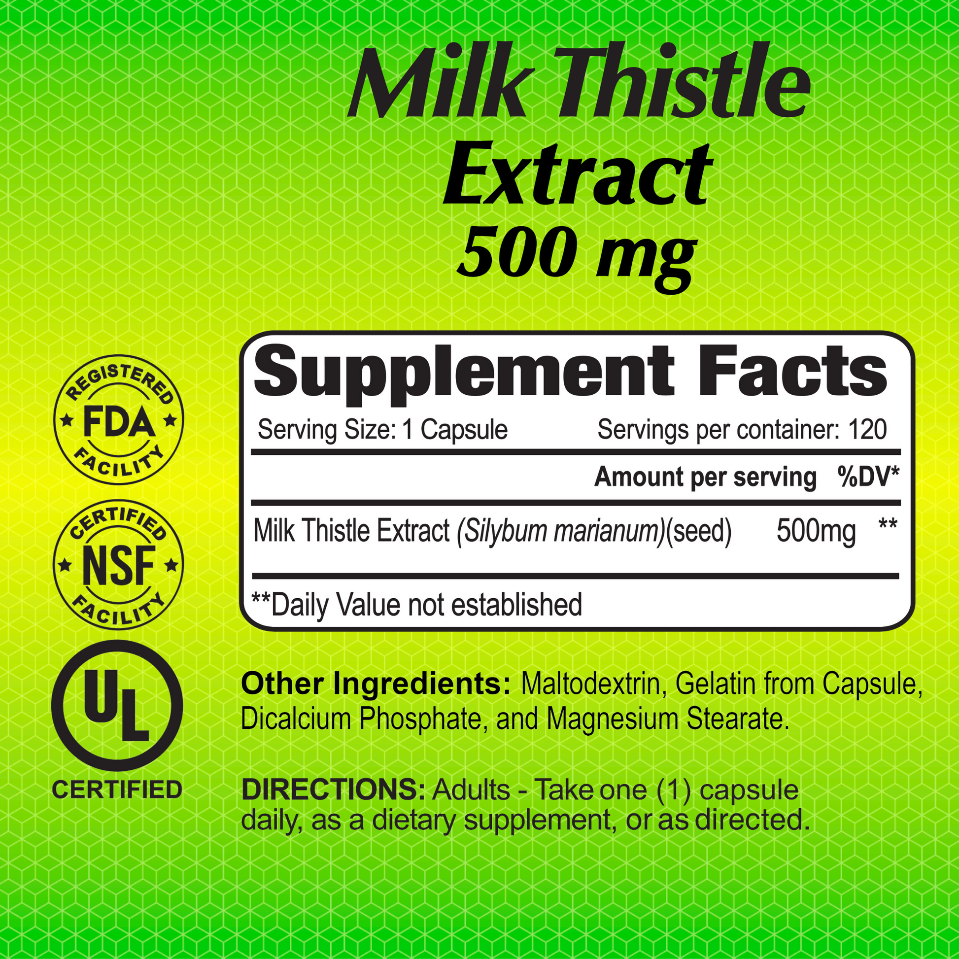 A green label for Alfa Vitamins Milk Thistle 500mg includes supplement facts and certifications from FDA, NSF, and UL. It offers 120 capsules to support liver health with potent silymarin. Suggested use is one capsule daily, or as directed.