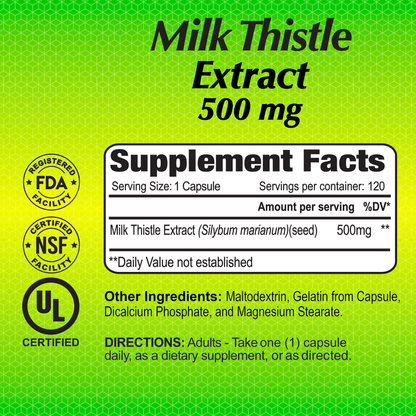 A green label for Alfa Vitamins Milk Thistle 500mg includes supplement facts and certifications from FDA, NSF, and UL. It offers 120 capsules to support liver health with potent silymarin. Suggested use is one capsule daily, or as directed.