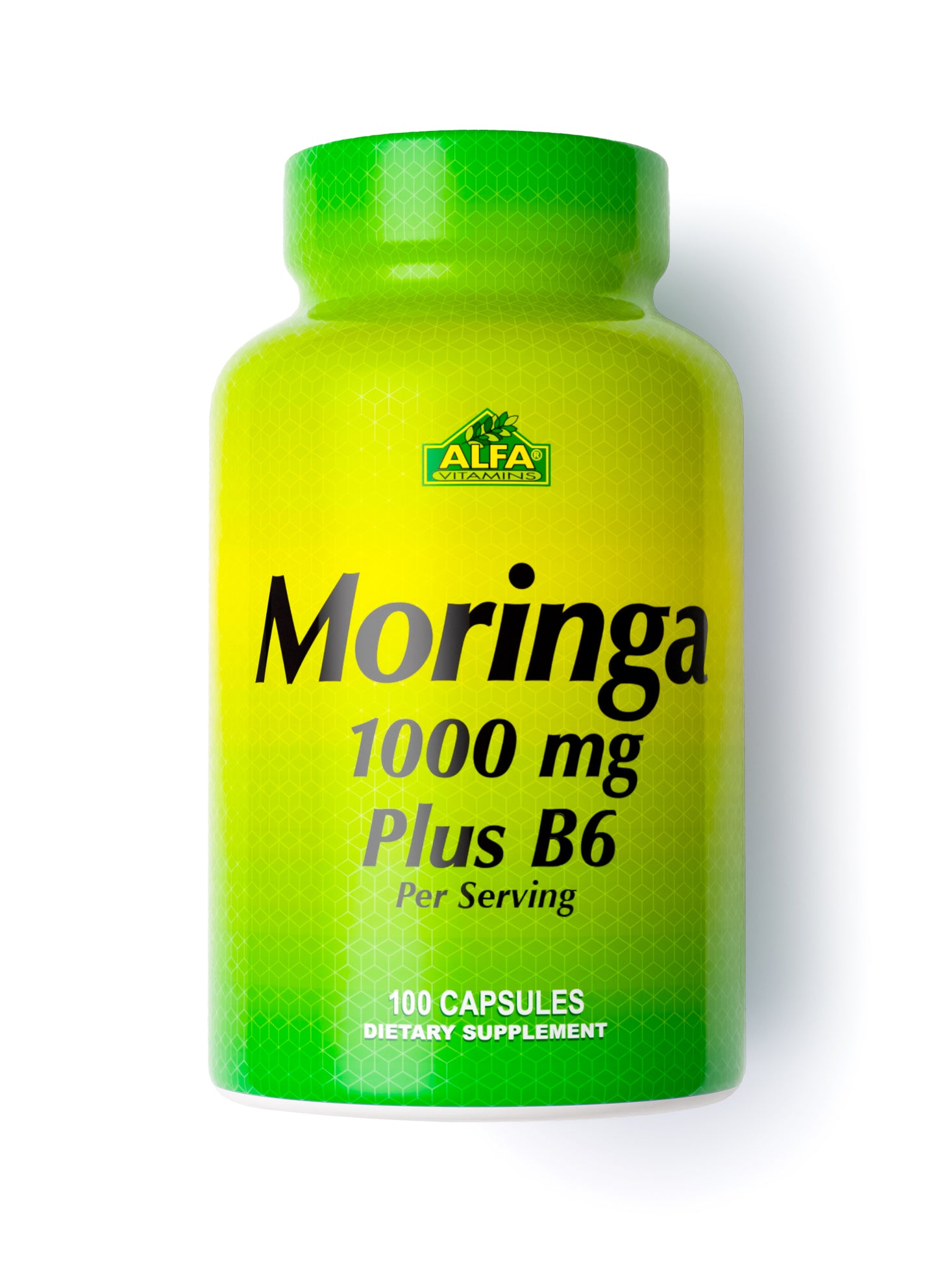 The Alfa Vitamins Moringa 1000 mg bottle contains 100 capsules and features a green and yellow label. This dietary supplement is enriched with antioxidants to support your wellness journey.