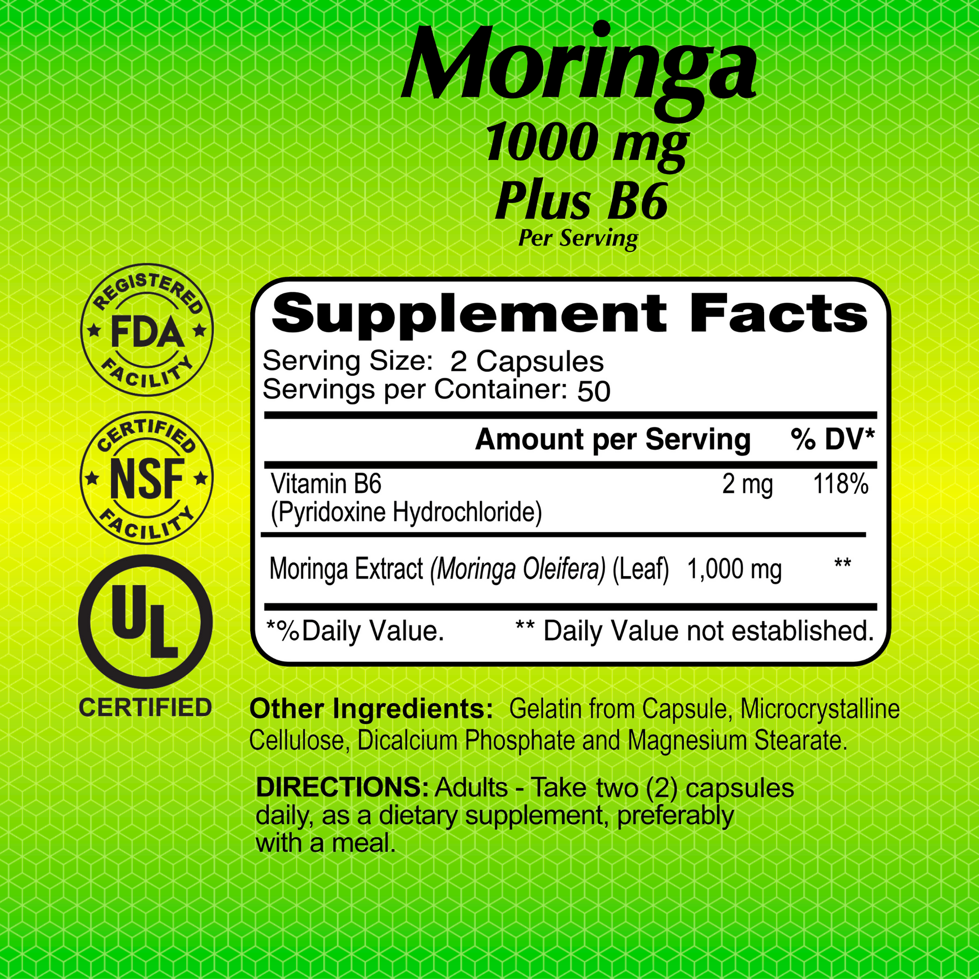 The label of Moringa 1000 mg - 100 capsules by Alfa Vitamins highlights antioxidants from Moringa extract and Vitamin B6, with 50 servings per container, and features supplement facts alongside certified facility logos.