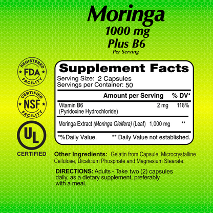 The label of Moringa 1000 mg - 100 capsules by Alfa Vitamins highlights antioxidants from Moringa extract and Vitamin B6, with 50 servings per container, and features supplement facts alongside certified facility logos.