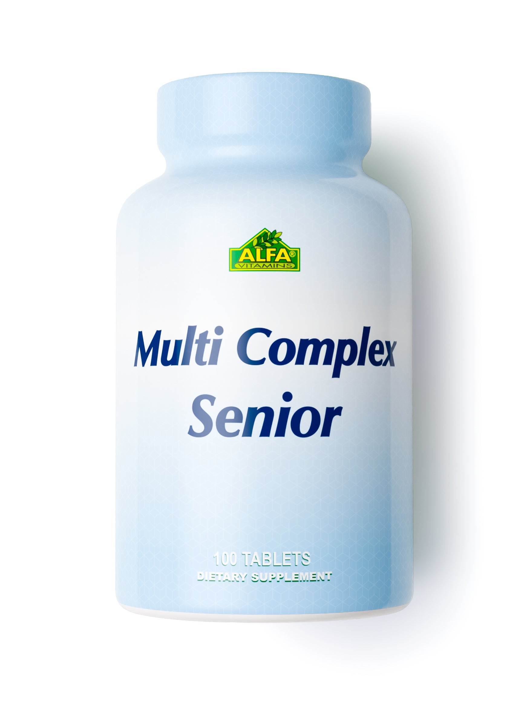 A blue and white bottle labeled Multi Complex Senior Male Formula from Alfa Vitamins contains 100 tablets, supporting prostate health and enriched with essential vitamins and minerals.