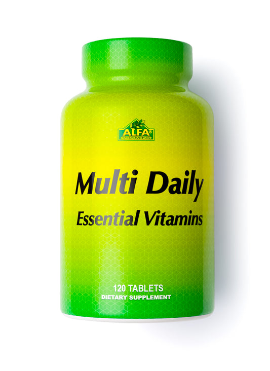 A green and yellow bottle of Multi Daily Essential Vitamins - 120 tabs by Alfa Vitamins contains multivitamin tablets offering comprehensive nutritional support.