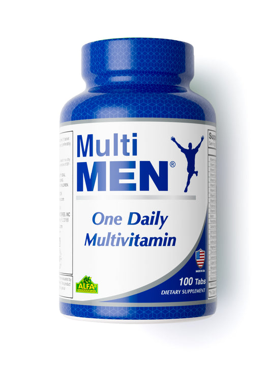 Alfa Vitamins Multi Men daily multivitamins come in a blue bottle featuring a jumping silhouette. This non-GMO supplement, with 100 tablets, is packed with essential vitamins, making it an ideal choice for mens health.