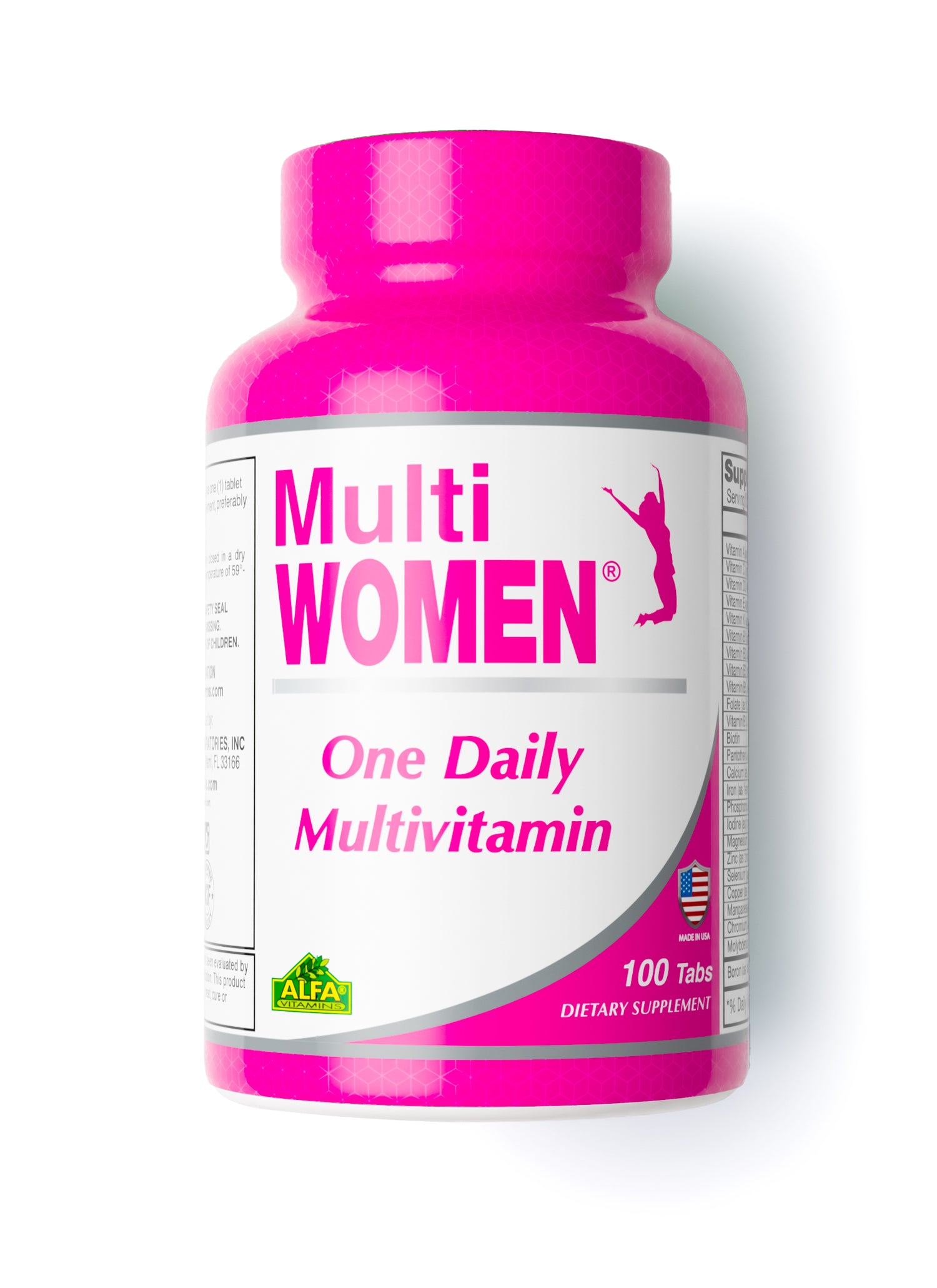 A pink bottle of Multi Women - Daily Multivitamins for Women by Alfa Vitamins contains 100 tablets and features a womans jumping silhouette on the label.