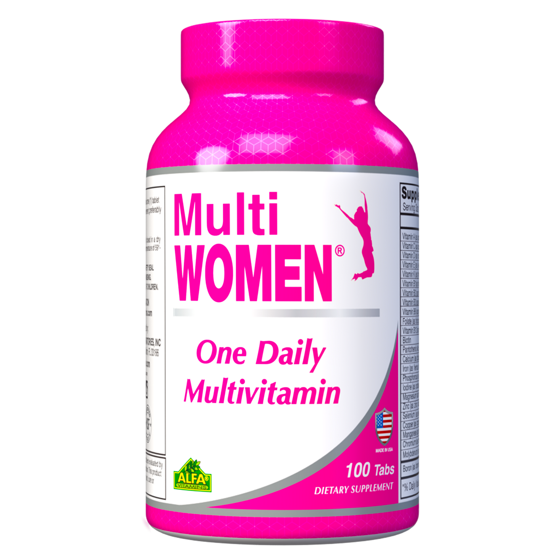 The Alfa Vitamins bright pink Multi Women - Daily Multivitamins for Women bottle, featuring a jumping woman silhouette and a small American flag, contains 100 tablets providing essential vitamins for womens health.