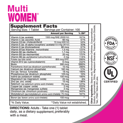 The Multi Women - Daily Multivitamins for Women by Alfa Vitamins offers nutrients like vitamins A, C, D, E, B complex, calcium, and iron. Certified by FDA, NSF, and UL for broad-spectrum support. Directions: Take one tablet daily with a meal. Contains 100 tablets per pack.