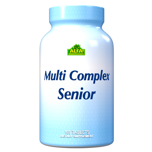 The Multi Complex Senior Male Formula by Alfa Vitamins is a blue and white bottle of 100 tablets, formulated with essential vitamins and minerals to support senior health.