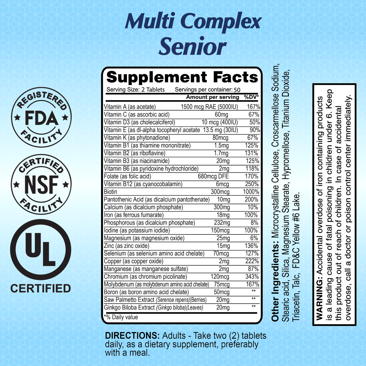 The image displays the supplement facts for Alfa Vitamins Multi Complex Senior Male Formula, highlighting essential vitamins and minerals supporting prostate health. Adults should take two tablets daily. The label includes FDA, NSF, and UL logos with a warning about accidental overdose.