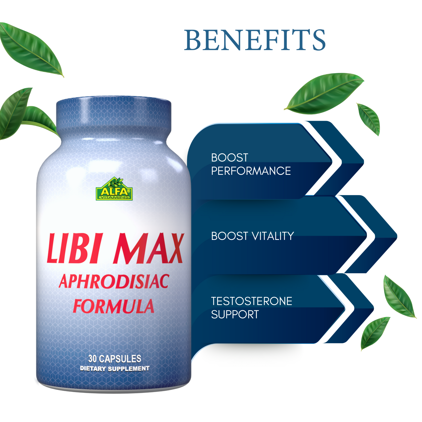 A bottle of Libi Max Aphrodisiac by Alfa Vitamins is surrounded by green leaves. Labeled as containing 30 capsules, its benefits are highlighted with arrows: boosts performance, enhances vitality, and supports testosterone for increased libido and energy levels.