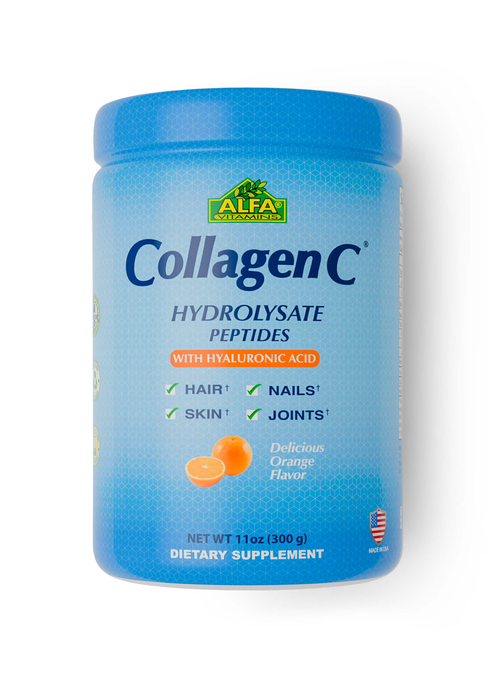 The Alfa Vitamins CollagenC Peptides Hydrolysate Powder, flavored in Delicious Orange and weighing 11 oz (300 g), features hyaluronic acid and promotes skin rejuvenation, hair, nails, and joint health. Proudly made in the USA.