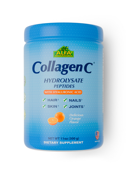 The Alfa Vitamins CollagenC Peptides Hydrolysate Powder, flavored in Delicious Orange and weighing 11 oz (300 g), features hyaluronic acid and promotes skin rejuvenation, hair, nails, and joint health. Proudly made in the USA.
