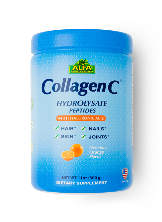 A blue container of Alfa Vitamins CollagenC Peptides Hydrolysate Powder, 11 oz, orange flavor, features collagen peptides for skin rejuvenation and joint support, with benefits for hair, skin, nails, and joints highlighted on the label.