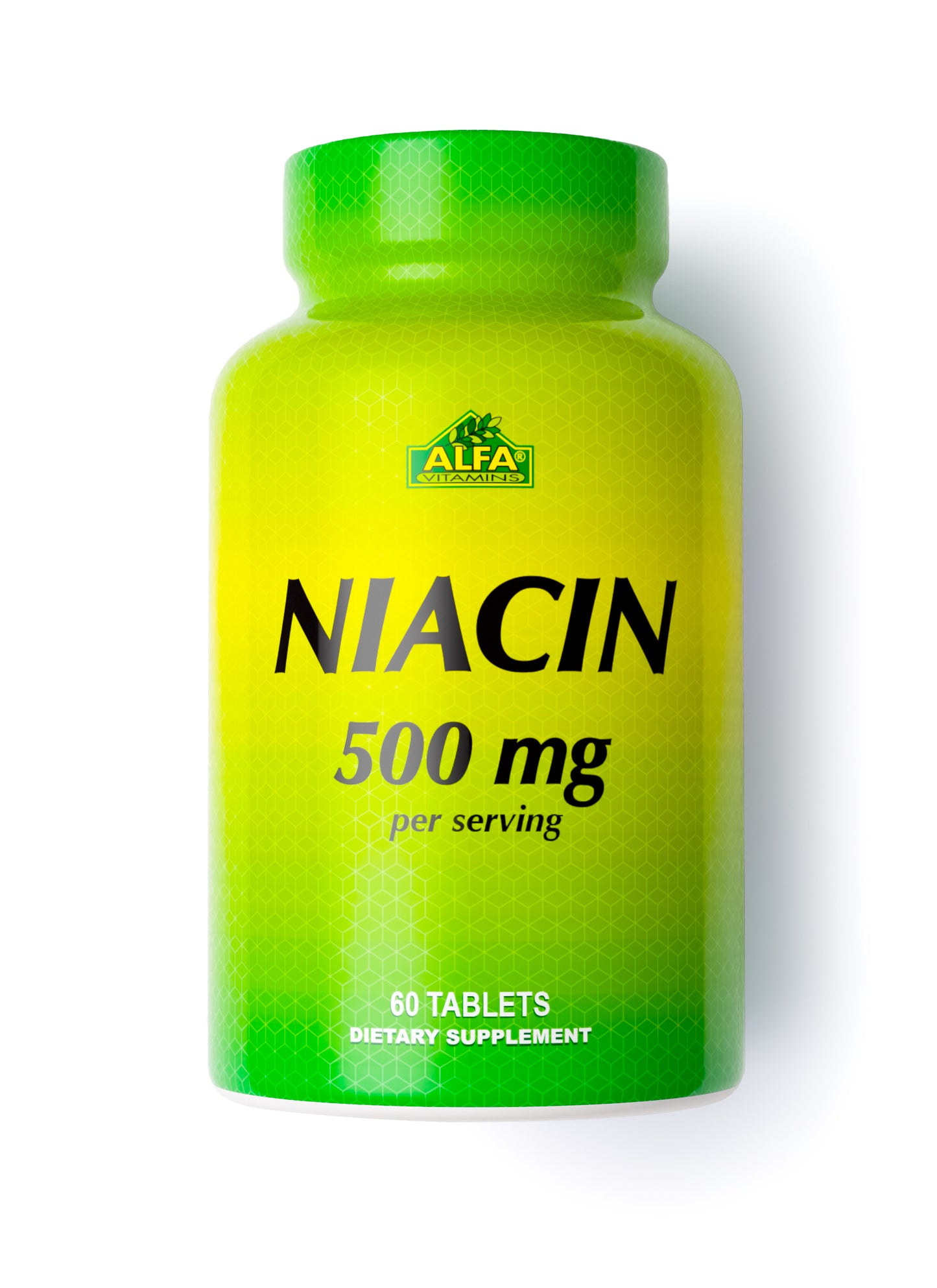 Alfa Vitamins Niacin Supplement, also known as Vitamin B3, supports overall health and enhances blood circulation. The green and yellow bottle labeled Niacin 500 mg - 60 tablets serves as a dietary supplement.