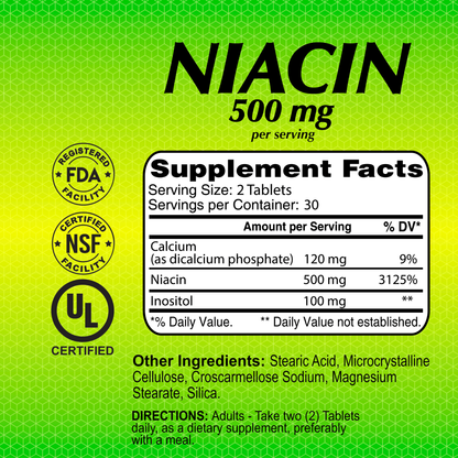 The label for Alfa Vitamins Niacin 500 mg features a green and yellow design with FDA, NSF, and UL logos. It includes supplement facts: serving size of 2 tablets, with 30 servings per container, listing calcium, niacin, and inositol. Adult use supports hormonal processes.