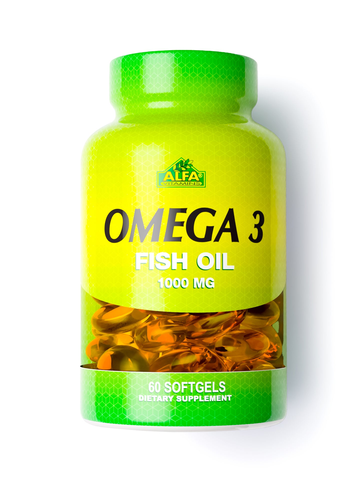 A green and yellow Omega 3 Fish Oil 1000 mg bottle from Alfa Vitamins contains 60 DHA-rich softgels, with a transparent portion displaying amber capsules.