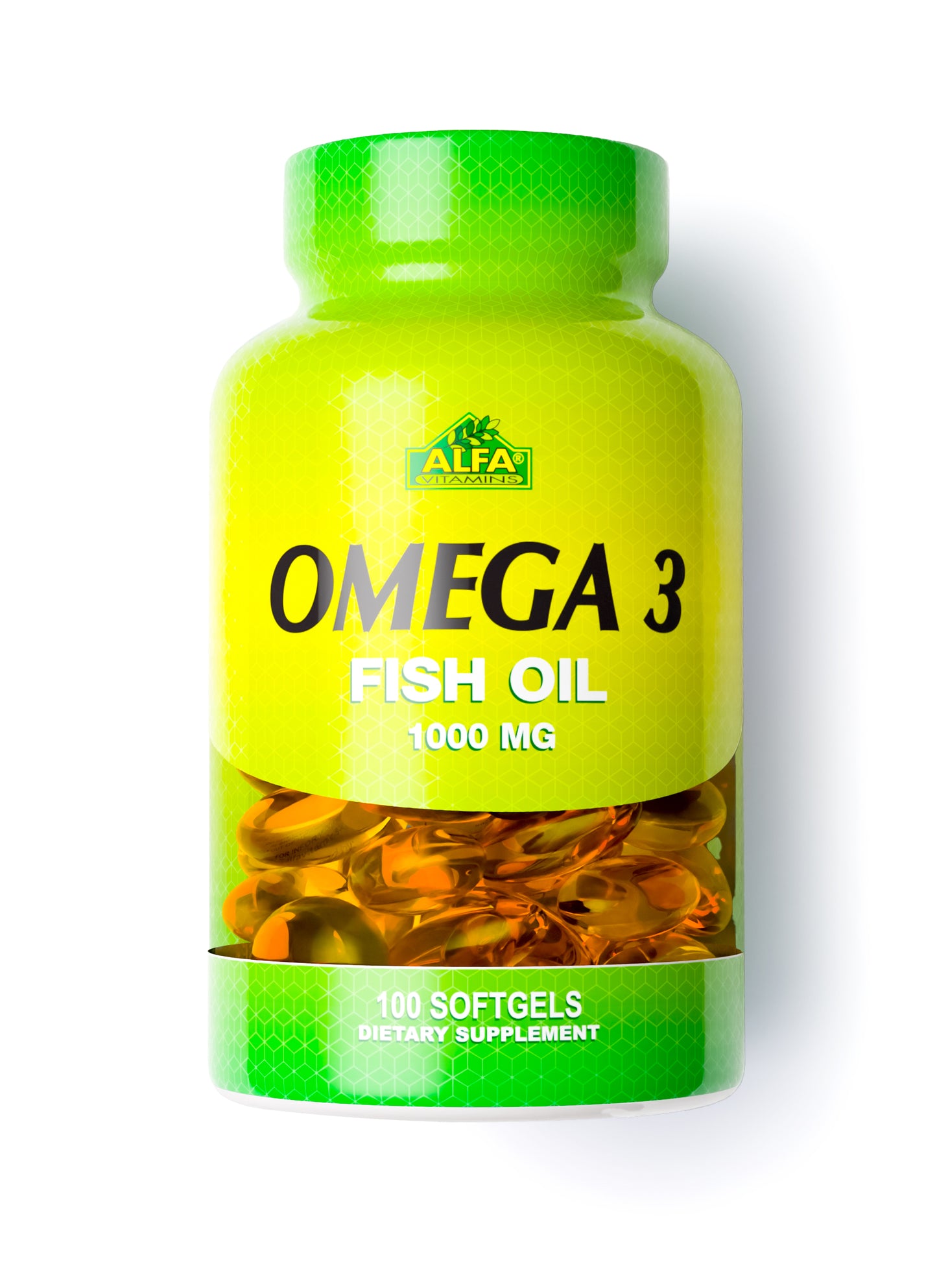 A bright green and yellow bottle of Alfa Vitamins Store Omega 3 Fish Oil, 1000 mg, enriched with DHA. The label indicates 100 softgels as a dietary supplement.