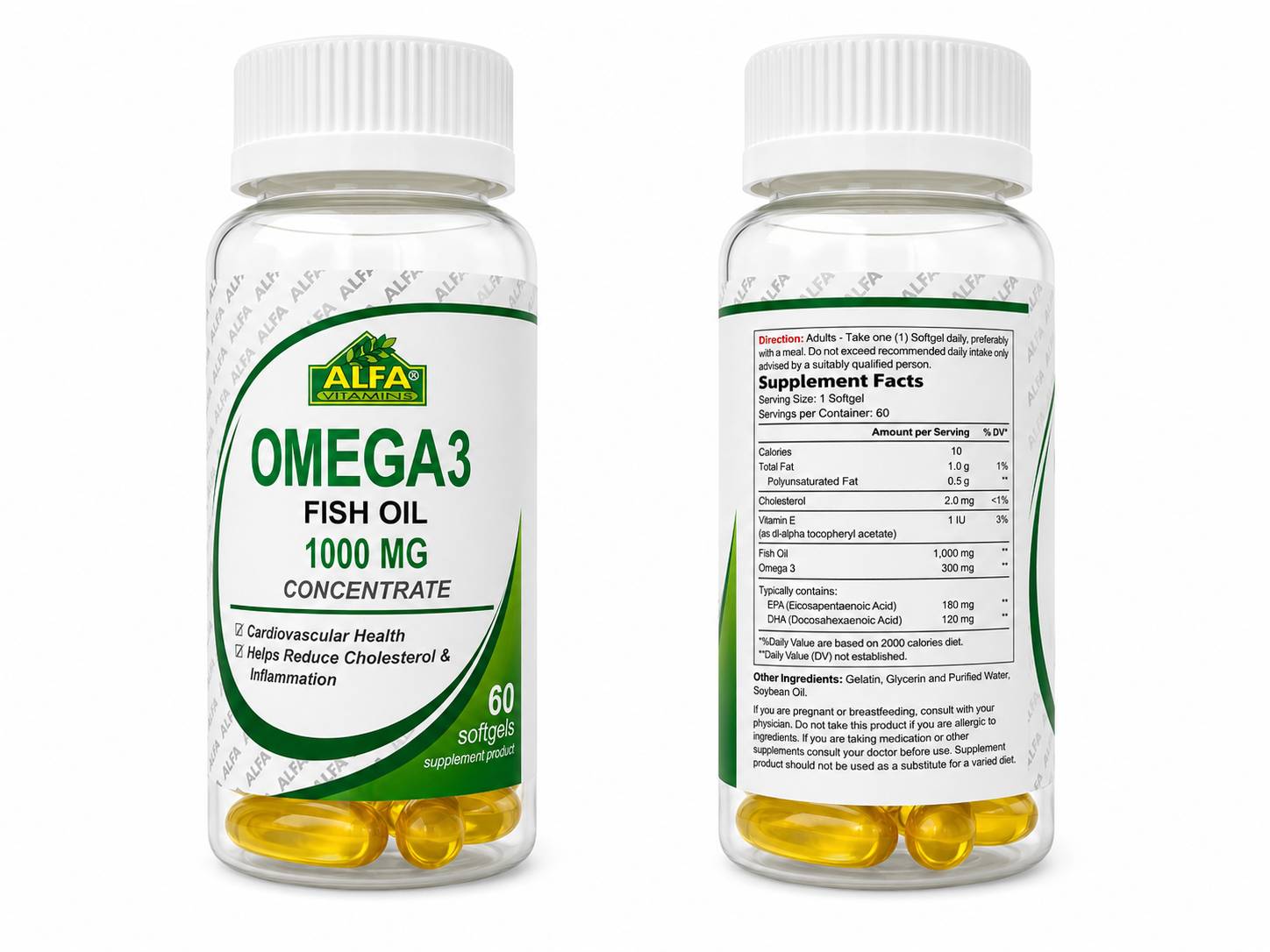 Alfa Vitamins Omega 3 Fish Oil 1000 mg Concentrate 60 softgels bottle - front and back labels