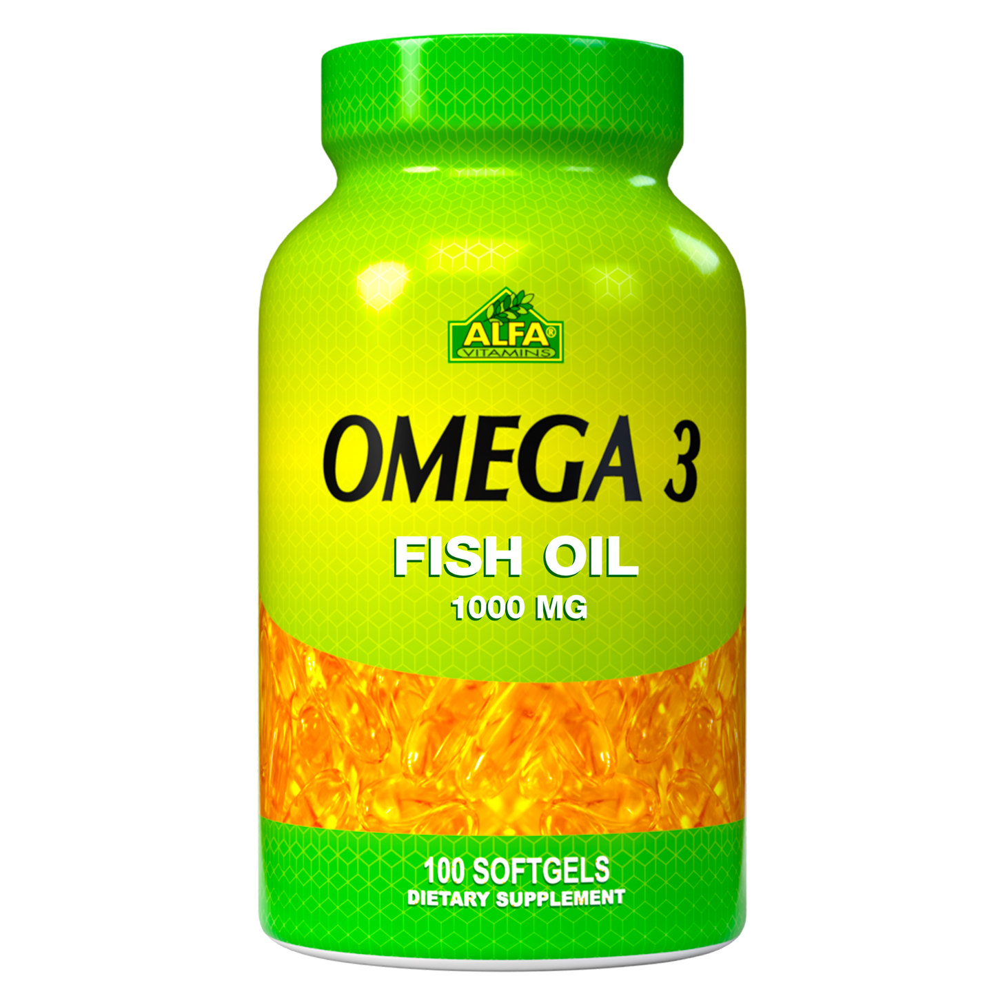 A vivid green Alfa Vitamins Omega 3 Fish Oil bottle, marked as 1000 mg with 100 softgels, features a gradient design emphasizing omega-3 purity and exhibits yellow capsules dense in EPA and DHA at the base.