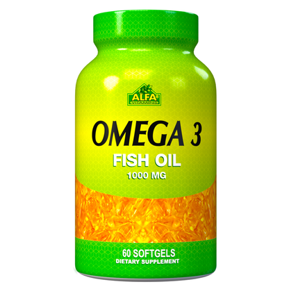 A green and yellow Alfa Vitamins bottle labeled Omega 3 Fish Oil 1000 mg - 60 softgels contains EPA and DHA-rich softgels, featuring an image of fish oil capsules on the label.