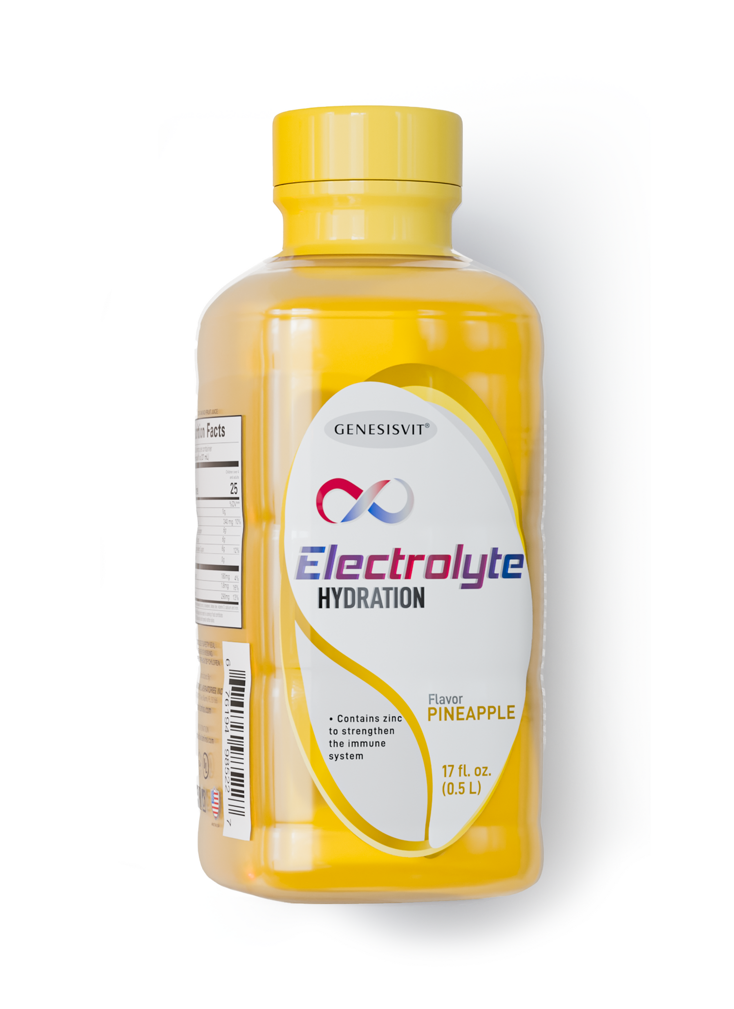A yellow bottle of Genesisvit® Electrolyte Solution, Pineapple flavor, 16.9 fl oz from Alfa Vitamins Store features a white label with logo and nutritional info—ideal for replenishing electrolytes and supporting hydration.
