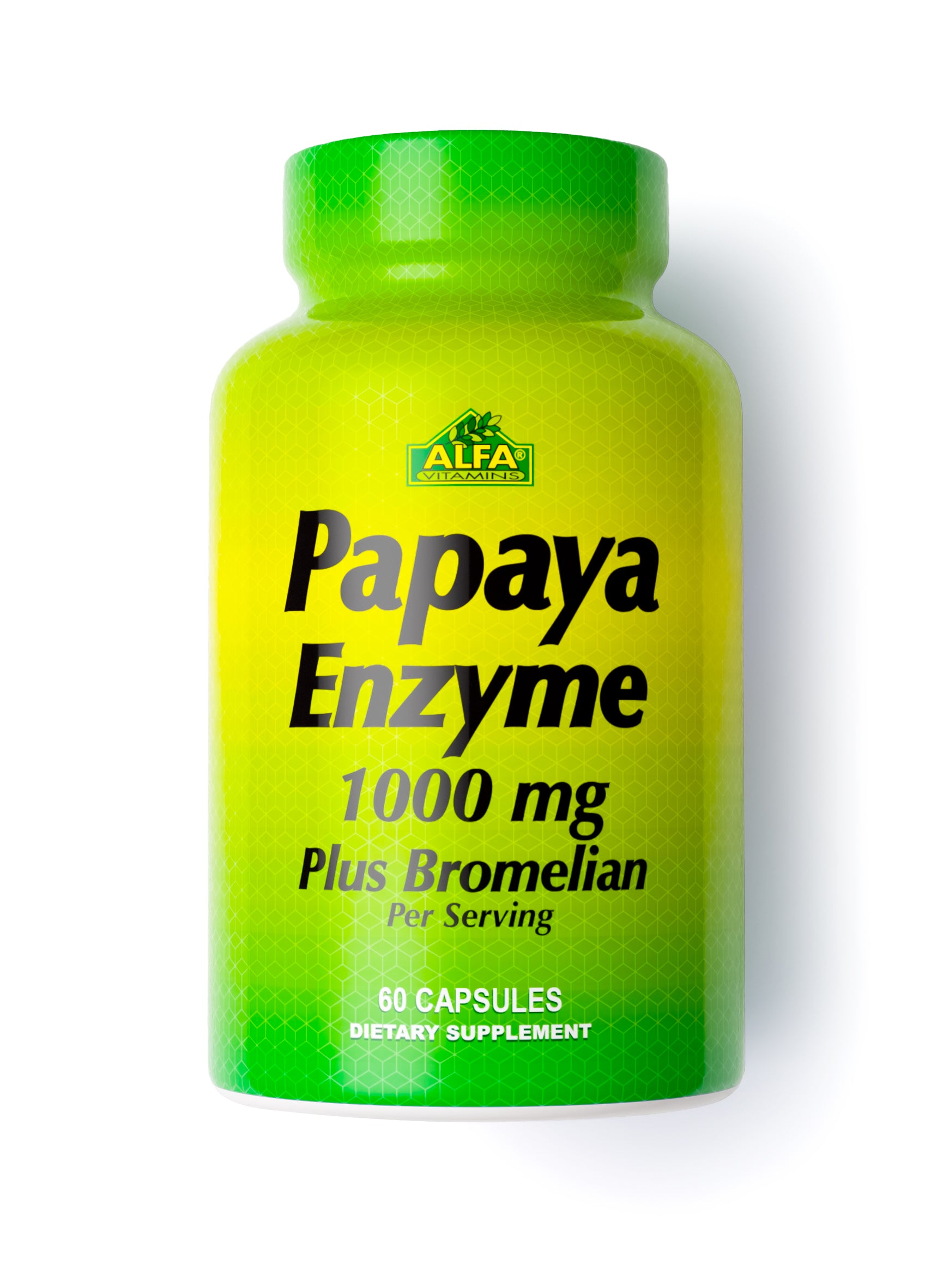 A green and yellow bottle of Alfa Vitamins Papaya Enzyme - 1000mg, containing 60 capsules, offers a powerful blend of papaya powder to support your wellness journey.