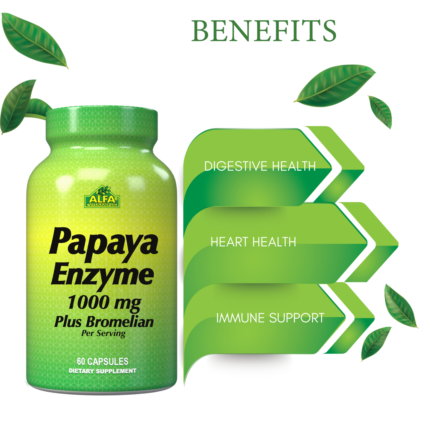 A green bottle of Alfa Vitamins Papaya Enzyme (1000mg, 60 capsules) containing papaya powder and bromelain is shown with benefits for digestive, heart, and immune health. Green leaf graphics emphasize the natural essence.