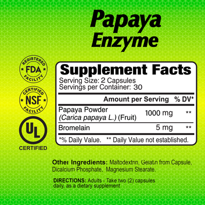 Alfa Vitamins Papaya Enzyme supplement contains antioxidants and is certified by FDA, NSF, and UL. Each serving of two capsules delivers 1000 mg of papaya powder and 5 mg of bromelain. Take two capsules daily for optimal benefits.