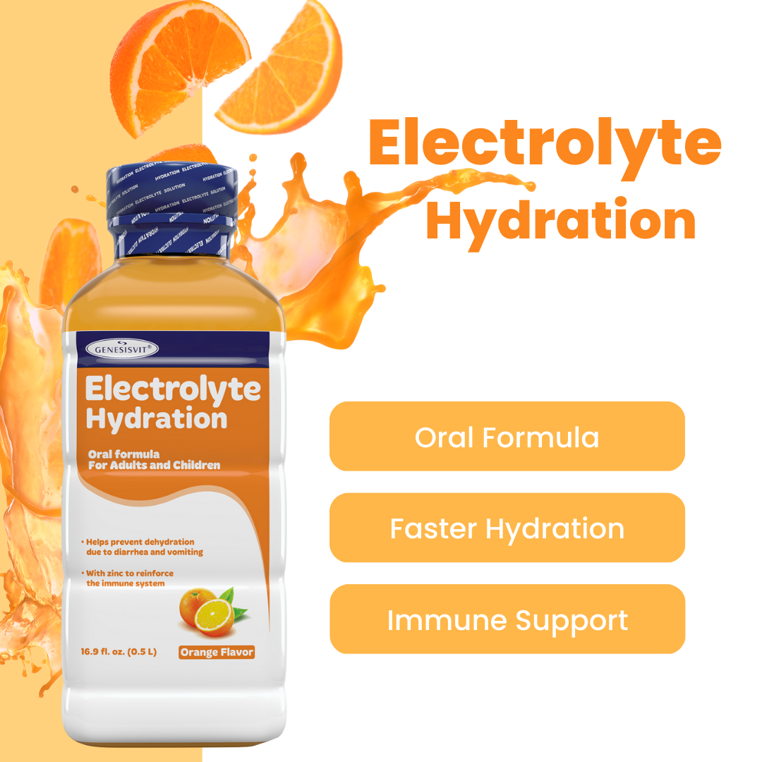 The Genesisvit® Electrolyte Solution 16.9 fl oz from Alfa Vitamins Store, in an orange flavor, promotes optimal hydration with Oral Formula, Faster Hydration, and Immune Support. The white and orange label offers details to help prevent dehydration effectively. Comes in a 12-pack.