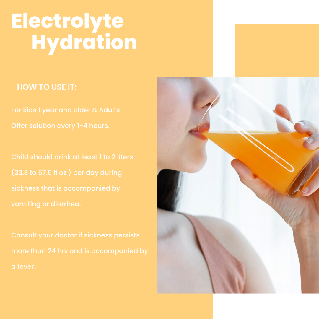 Someone drinks orange Genesisvit® Electrolyte Solution from a glass. Instructions for optimal hydration include child dosages and urge consulting a doctor if symptoms continue over 24 hours with a fever. Available as Genesisvit® Electrolyte Solution 16.9 fl oz each - 12 Pack by Alfa Vitamins Store.