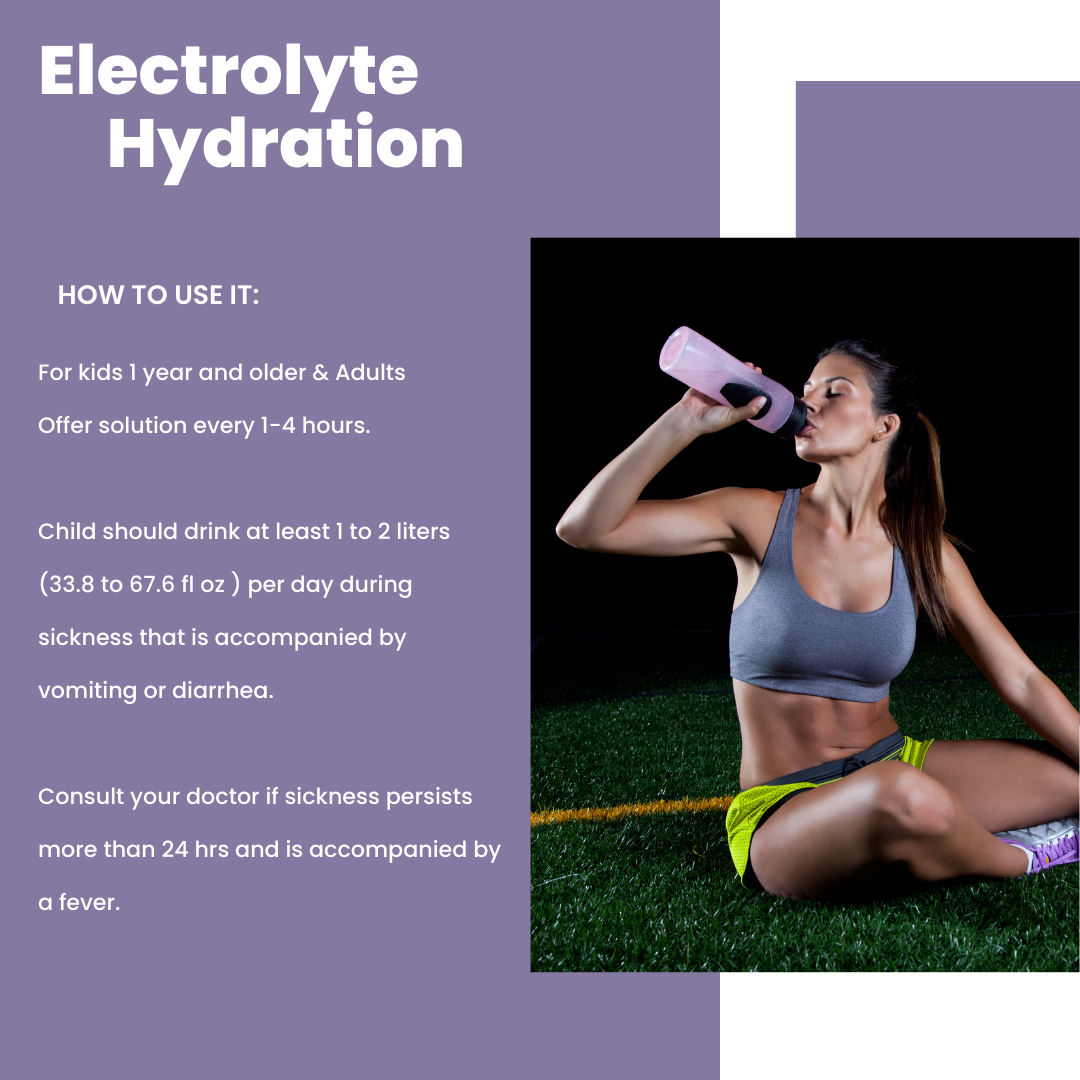 A woman in athletic wear sits on grass, sipping from a Genesisvit® Electrolyte Solution by Alfa Vitamins Store. Text beside her advises rehydrating with this grape-flavored solution for kids and adults, recommending 1-2 liters daily during illness with symptoms.