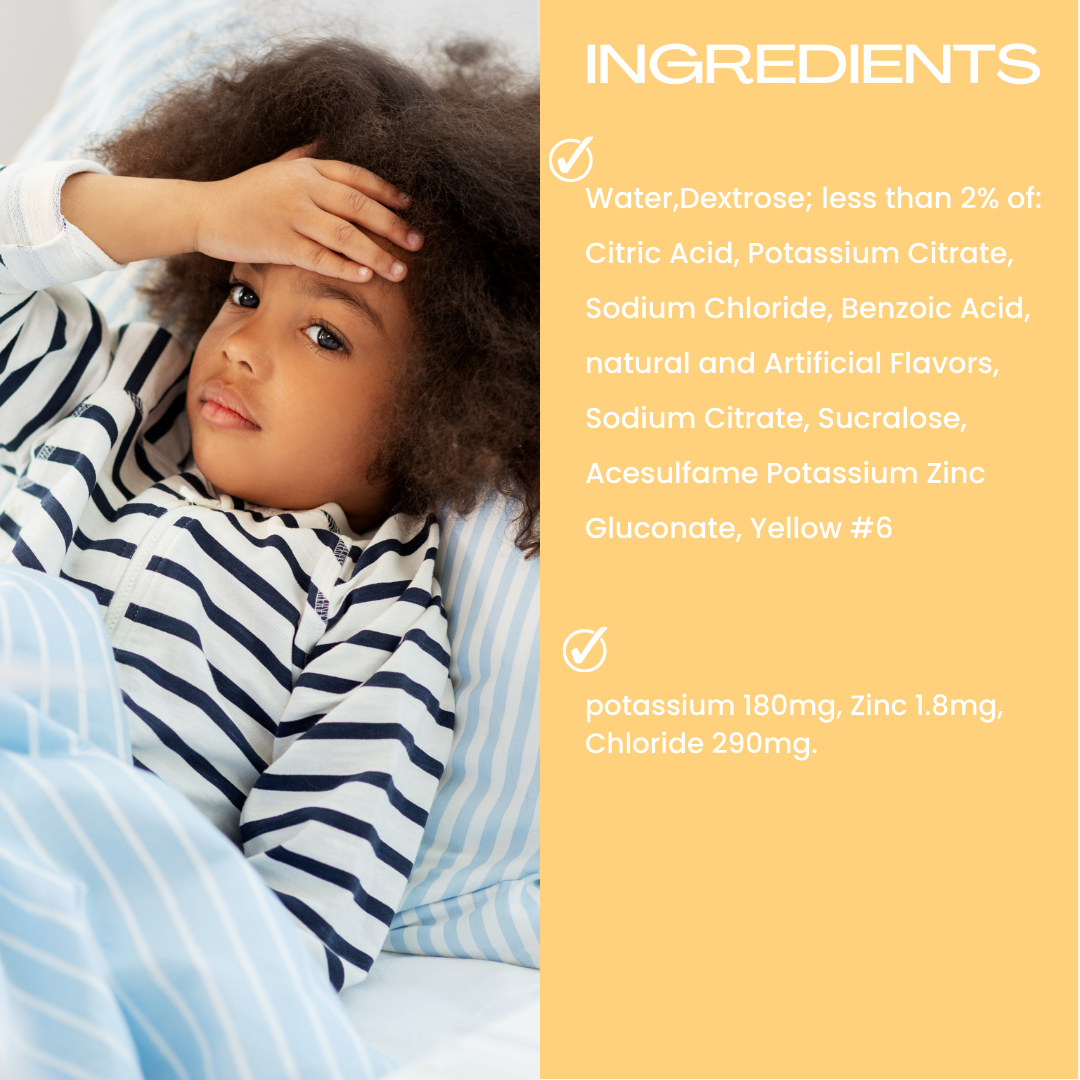 A child with curly hair lies in bed wearing a striped shirt, looking unwell with a hand on their forehead. Text on the image mentions Genesisvit® Electrolyte Solution from Alfa Vitamins Store, with ingredients like citric acid and potassium citrate for optimal hydration to prevent dehydration.