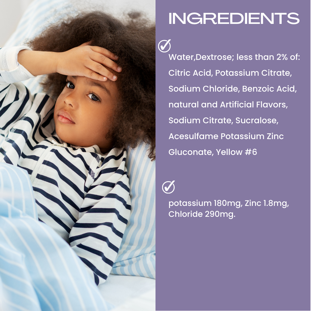 A child lies in bed looking unwell, wearing a striped shirt and covered with a striped blanket. Beside them is Genesisvit® Electrolyte Solution (Grape, 16.9 fl oz each - 12 Pack) from Alfa Vitamins Store, designed to aid rehydration with its mix of acids, flavors, and colorings.